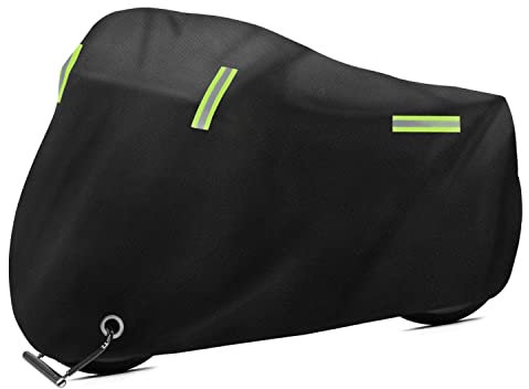 Dokon Motorbike Cover, Waterproof, Heavy Duty 420D Oxford Fabric Motorcycle Cover with Reflective Strips, Indoor Outdoor Windproof, Anti-UV Moped Cover with Lock Holes (245x105x125cm) - Black
