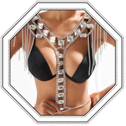 CanB Rhinestone Sexy Body Chain Crystal Tassel Bra Chain Summer Beach Bikini Chain Rave Nightclub Party Body Jewelry for Women and Girls (black)