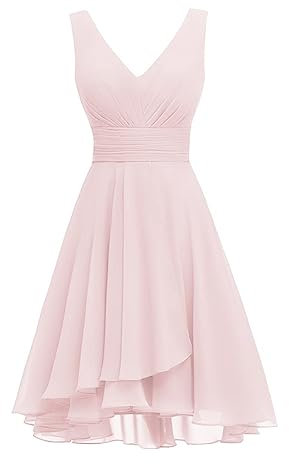 Robe de demoiselle d'honneur courte en mousseline de soie froncée à double col en V pour femme, rose clair, 54