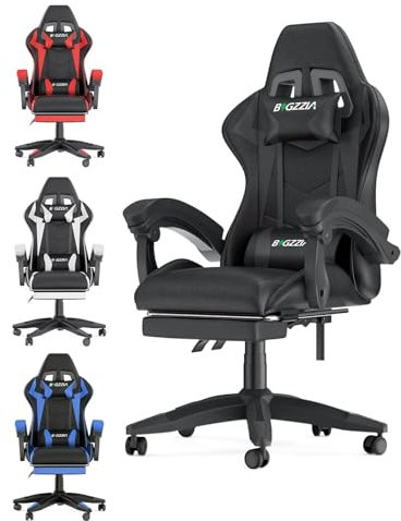 bigzzia - Sedia da gaming, ergonomica, per gamer, con cuscino lombare e poggiatesta, regolabile in altezza, sedia per computer, per ufficio, per adulti, ragazze e ragazzi (Con poggiapiedi, nero)