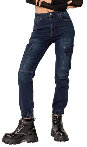 Nina Carter P219 Jeans cargo da donna a vita alta, vestibilità rilassata, pantaloni in denim con orli elastici, effetto usato, XS