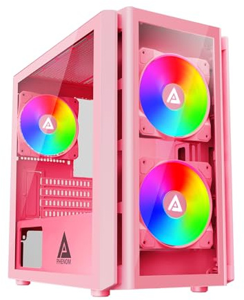 Apevia Phenom-PK Phenom Micro-ATX Boîtier PC de Jeu avec 3 Ventilateurs ARGB de 120 mm, 366 Modes d'éclairage RVB, 1 Panneau Avant en Verre, Support GPU 340 mm, 1 USB 3.0, 2 USB 2.0, Rose
