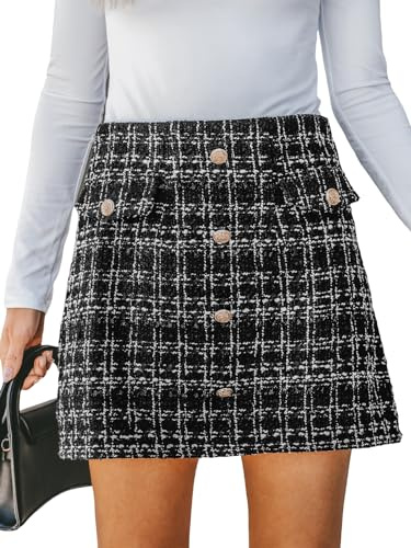 CUPSHE Falda para Mujer de Tweed de Cintura Alta Línea A Tejida con Botones Simulados Delanteros Mini Falda, Negro, L