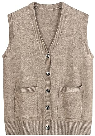 Jersey gris para mujer, con botón cálido, de algodón, jersey, chaleco, invierno, beige, cuello en V, jersey de punto para mujer, clásico, sin mangas, chaleco de punto