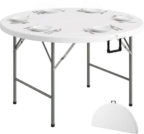 Outsunny Mesa Auxiliar Redonda Mesa de Jardín Plegable Ø122x73 cm Blanco | con Marco de Acero, Encimera de HDPE, Carga 80 kg, para Interior y Exterior