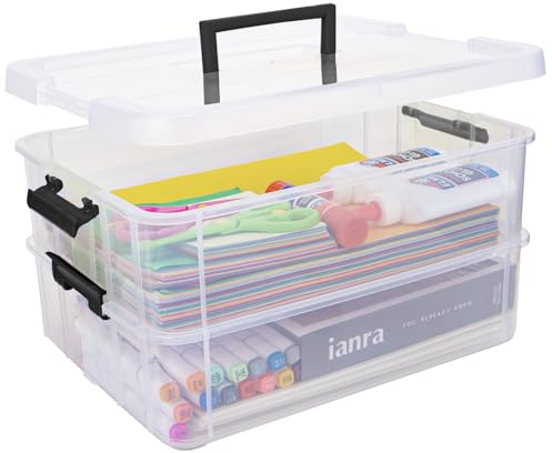 Creahaus Contenitori di Immagazzinaggio in Plastica a 2 Strati con Coperchi, Scatola Multiuso Trasparente Impilabile e Trasportabile, Organizer Portatili per Artigianato e Contenitori di