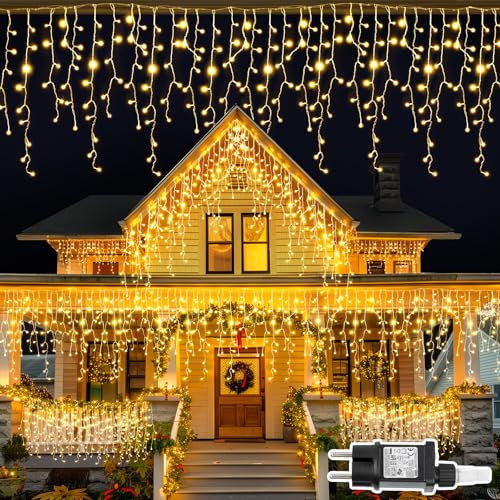 TRUMPETS Luci di Natale da Esterno Cascata,5M 216LED Bianco Caldo Luci Natale Esterno, Tenda Luminosa Natale Esterno, 8 Modalità, Timer, IP44 Impermeabile, per Balcone, Tetto,Giardino,Feste