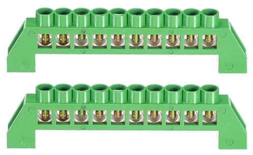 10-Positionen, grüne neutrale Klemmleiste, Sammelschiene, Messing-Erdungsleiste mit Schraubklemmen für Elektrobox (2 Stück)