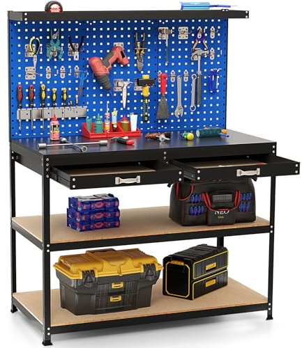 COSTWAY Arbetsbänk 121 x 61 cm, 230 kg lastkapacitet arbetsbord med hålvägg och lådor och hyllor och 24 hängkrokar, arbetsbord verktygsbänk för hem, garage, verkstad (blå, 121 x 65 x 156 cm)