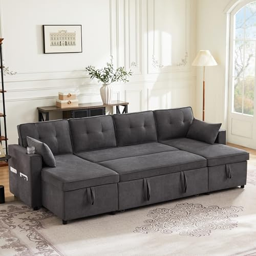 Merax Canapé d'angle avec fonction lit, canapé-lit avec tiroir de rangement et espace de stockage extra-large, forme U - Canapé pour salon/chambre à coucher, grand canapé, Gris