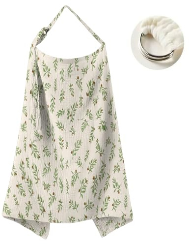 Neblueum Muslin Nursing Cover for Breastfeeding Moms - 100% Cotton Lightweight & Breathable Privacy Shawl with Adjustable Rigid Hoop | Multi-use Apron (Botanical Blooms)