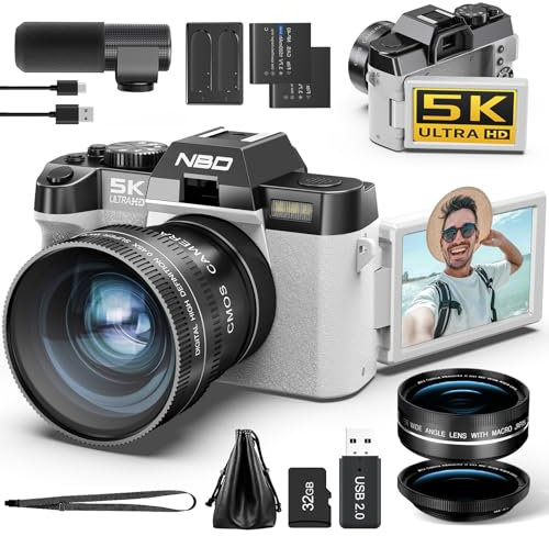 NBD 5K Digital Cameras for Photography - 48MP/60FPS Video Camera for Vlogging, WiFi & App Control, YouTube Vlogging Camera with 32GB TF Card，52mm Wide Angle and Macro Lens (White)