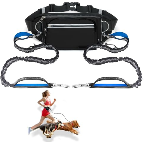Hands Free Dog Leash for 2 Dogs,Adjustable Waist Dog Running Leash with Dual Padded Handles,Reflective Bungee for Walking Hiking Running Jogging,Fits Small to Large Dogs