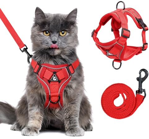 Escape Proof Cat Harness and Leash Set for All Types of Cats - Adjustable Reflective Soft Mesh Vest with 4 Buckles, Breathable Walking Harness for Kittens to XL Cats