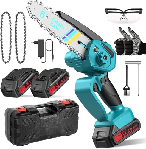 Mini Motosega a Batteria 6000mAh, 6 Pollici Motosega Elettrica con 2 Batterie, 2 Catene e Blocco di sicurezza per il Taglio Del Legno e Giardini