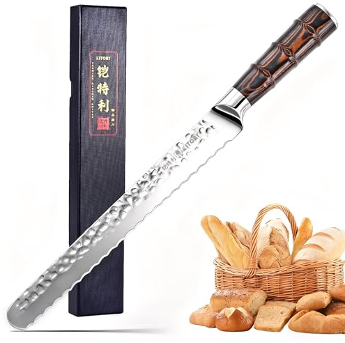 Proffs-brödkniv 25,5 cm med vågtandat blad av högkvalitativt rostfritt stål, extra vasst blad, ergonomiskt handtag, hamrad bladdesign.
