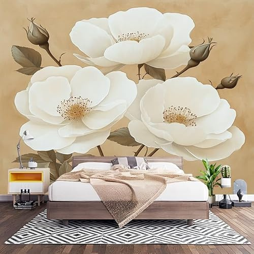 Tapet 350 x 256 cm vit blomma TNT panoramautsikt vintage brun väggmålning väggdekor för badrumsinredning, vardagsrum, kök och sovrum