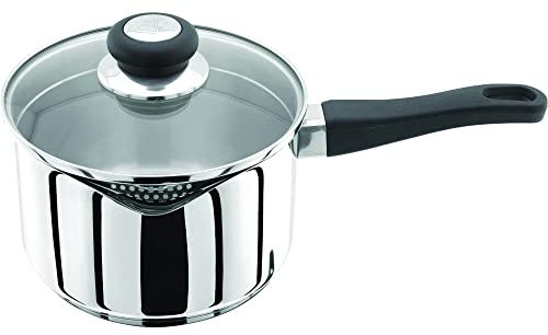 Judge Vista Draining Stainless Steel Large Saucepan with Pouring Lip 18cm 2.1L, Shatterproof Glass Strain & Pour Lid, Induction Ready, Oven Safe