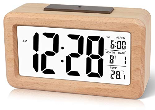 DTKID Wecker Digital aus Holz, mit Datum, Temperatur, Digitaler Wecker mit Schlummerfunktion, Automatischem Lichtsensor, Batteriebetrieben(Batterie Nicht Enthalten)