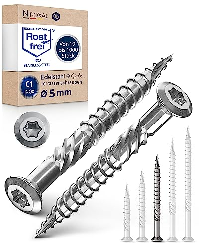 Tornillo de terraza de acero inoxidable Muesca de corte TORX, cabeza redondeada y sin nervaduras C1 5-mm de espesor 60-mm de longitud 50 unidades 39-mm de rosca parcial Tornillo 5x60
