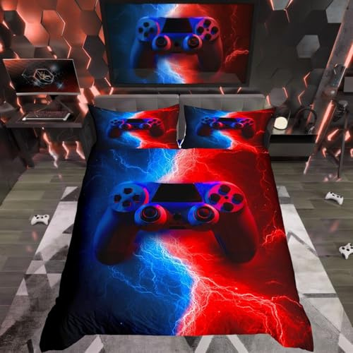 Homewish Gamer Gaming Bedding Sets Single Size,Lightnings Gamepad Duvet Cover, Video Games Comforter Cover for Kid Teens Boys and girls Man, Modern Bedroom Decor 2 Pcs Bedding Set,Red Blue