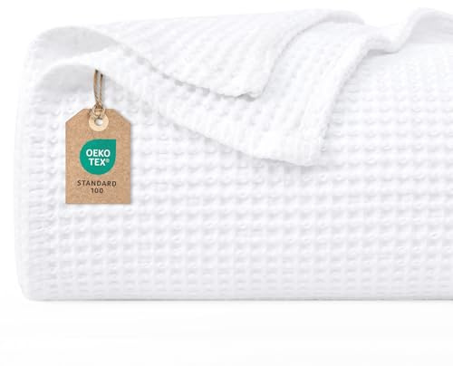 PHF Couverture gaufrée 100 % coton - 230 x 270 cm - Légère et respirante - Parfaite pour toute l'année - Certifié Oeko-TEX - Qualité de linge de lit - Idéale pour le canapé, le lit, blanche