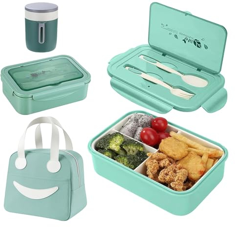 Haoh Bento Lunch Box Kit, 1400 ml Boite Repas avec 3 Compartiments et Couverts + Tasse Isolant + Sac Lunch Box, Hermétique Bento Box pour Pique-Nique, Travail, Goûter, Micro Ondes(Vert)