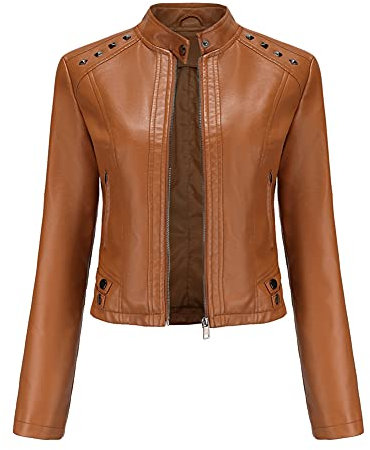 YYNUDA Damen Lederjacke Kurz Bikerjacke Stehkragen Reißverschluss Leder Jacke Übergangsjacke für Herbst Frühling（Braun L）