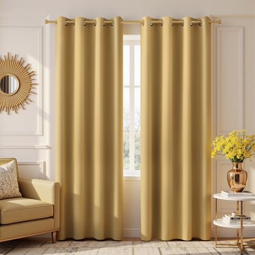 KOUFALL Lyxiga guldfärgade gardinlängder, 213 cm långa, för vardagsrum, 2-pack med öljetter, mörkläggande, eleganta gardiner för sovrum, julgardiner