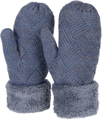 styleBREAKER Damen warme Winter Strick Fäustlinge, Handschuhe mit Rauten Muster, Thermo Fleece, Strickhandschuhe 09010031, Farbe:Jeansblau