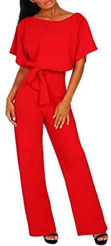 HAOLEI Women's Jumpsuits & Playsuits UK Elegant Loose Fit Boat Neck Jumpsuit Ladies Dungarees Short Sleeve Romper Wide Leg Bib Overalls Clubwear Straight Trousers Pants Playsuit with Belt Party Red