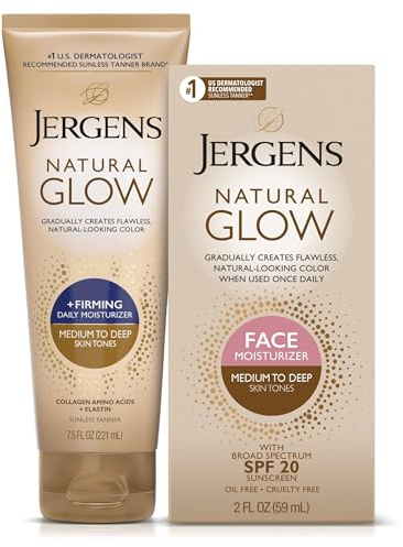 Jergens Natural Gradual Glow Bundle Pack: Daily Moisturizer +Firming 7.5fl oz and SPF20 Face Moisturizer 2fl oz, Medium to Tan
