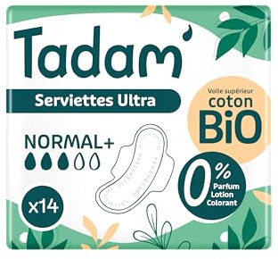 TADAM’ - Serviettes Hygiéniques Dermo-Sensitives - Protections Hygiéniques Femme Ultra Fines avec Ailettes - Flux Normal - Extra Absorbantes - A base de Coton Bio - Confort Jour et Nuit