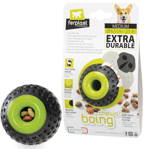 Ferplast Juguete Perro, Dispensador Comida Perros, en Material Duradero, No Tóxico, Resistente a Mordeduras, para Higiene Dental, CHEWA Boing Pelota Juguetes Dispensador para Perros Medianos, Negro