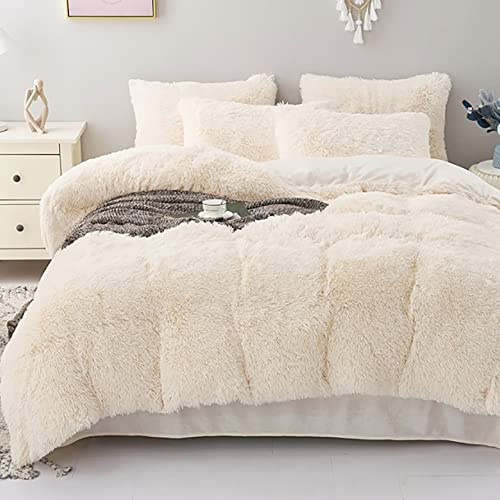Michorinee Housse de Couette en Peluche 220x240 + 2 Taie d'oreiller 65x65 cm Parure de Lit Polaire Flanelle Chaud Hiver - Linge de lit 2 Personnes Duveteux avec Fermeture Éclair, Blanc Crème