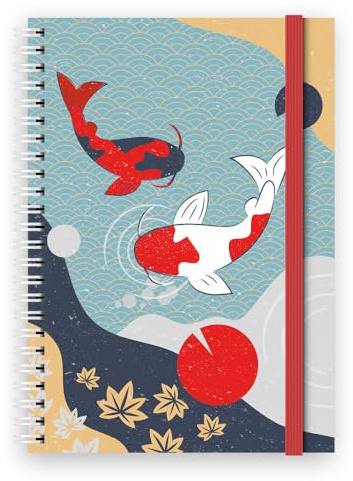 Cauliflower Journals Cuaderno con Espiral A5 - Diseños de Portada Temática Japonesa, 120 Páginas Rayadas, Página de Doble Bolsillo y Divisor de Páginas Elástico (Estanque Koi)