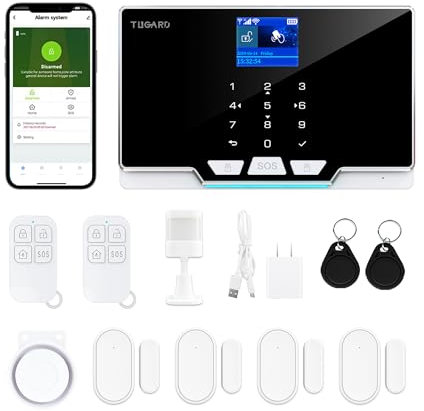 TUGARD Alarme de sécurité avec Alerte par Application de téléphone, écran TFT coloré de 4,6 cm, kit de 12 pièces, capteur de Moniteur, télécommandes, Fonctionne avec Alexa et Assistant pour Maison,