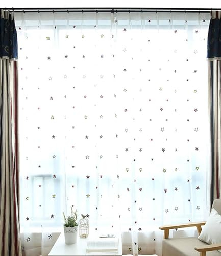 Mesnt Vorhänge Durchsichtig Weiss, Fenster-Voile-Vorhänge mit Sternen-Stickmuster für Schlafzimmer und Wohnzimmer, Weiß, 107 x 147 cm