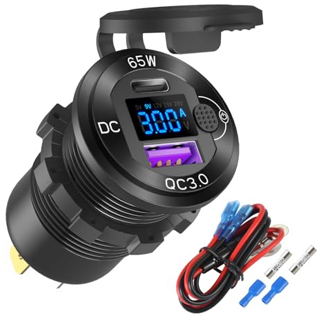 12 V USB-uttag aluminium billaddare PD65 W bil USB-port för bärbar dator, Quick Charge3.0-anslutning för bilen, inbyggt boost-uttag vattentät med voltmeter och strömbrytare för båt, etc.