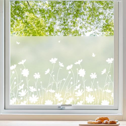 Fönsterfilm ogenomskinlig insynsskyddande film fönster blommönster mjölkglasfolie självhäftande statisk film utan lim självhäftande film fönster för badrum, kontor, kök