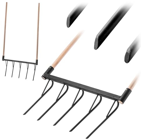 KADAX Horquilla de excavación con 5 dientes y mangos largos de madera, cultivador manual robusto para aflojar el suelo y trabajar el jardín, horquilla doble (con mango)