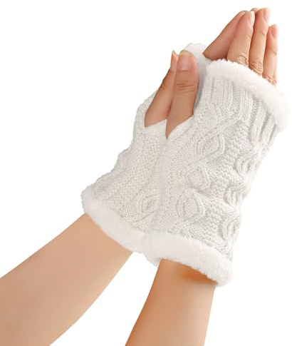 AYNKH - Mitaines sans doigts pour femmes, gants épais et douillets chauds, gants d'hiver tricotés, mitaines à tricoter à demi-doigts pour filles, dames, enfants, blanc, taille unique