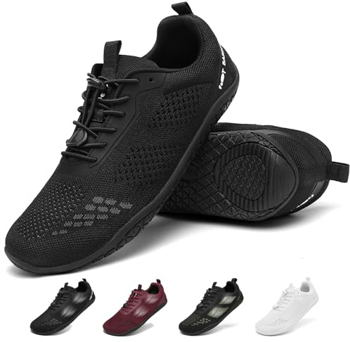 Geweo Barfotaskor Herr Dam Andningsbar Bekväma Barefoot Shoes med Breda Tårbox Träningsskor Stabilitet CrossFit Fitness Trail Running Vandringsskor Zero-Drop Gymnastikskor Sneakers Unisex Svart 45EU