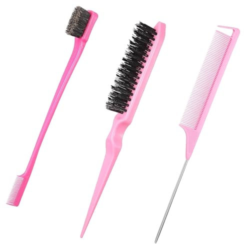 3 Piece Slick Back Hair Brush Set With Clips for Teasing and Combing - Professional Hairdresser Tools for Women, Baby, Children (Pink)