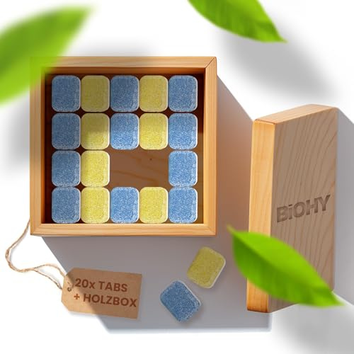 BiOHY All-in-One diskmaskiner Tabs (20 flikar) förvaringslåda av trä | fosfatfri | för daglig rengöring av porslin och bestick | Mot de envisa fett- och matrester