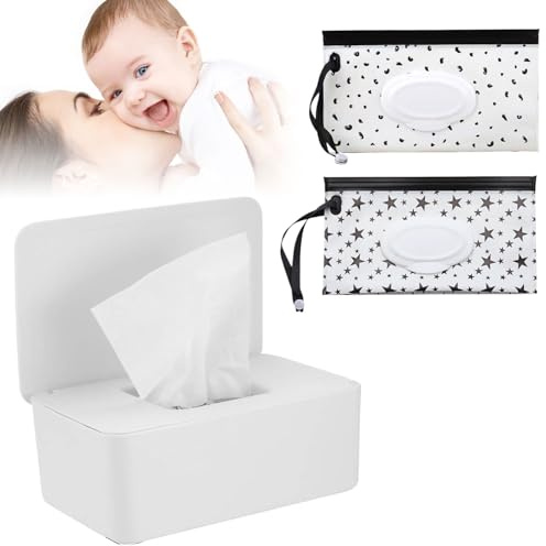 Scatola Porta Salviette Umidificate,Porta Salviette Umidificate Neonato e 2 Sacchetto per Salviette,Dispenser Salviettes Umidificate con Coperchio,Contenitore da Viaggio per Salviettine Umidificate
