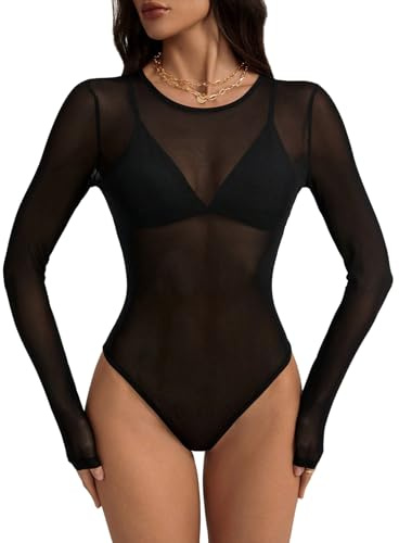GORGLITTER Transparent bodysuit för kvinnor, Y2K, transparent nätkropp, långärmad nättopp, elegant bodyshirt, festtopp, rave, festival, outfit