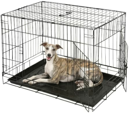 2 Door Metal Dog Crate with Removable Tray - Medium - 1x Heavy Duty Folding Foldable Portable Collapsible Indoor Car Travel Training Cage Bed Carrier Furniture - Black - by Harbour Housewares
