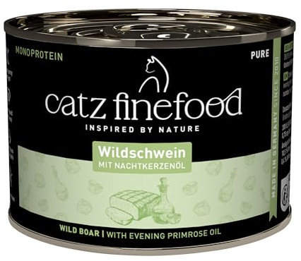 catz finefood Purrrr - Comida húmeda para Gatos con monoproteína de jabalí, n° 109, para Gatos sensibles a la nutrición, 70% de Carne, 6 latas de 200 g
