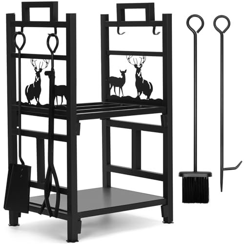 Kaminholzhalter, 2-lagig, aus Eisen, mit 4 Werkzeugen, Bürste, Schaufel, Zange und Haken – keine Schrauben erforderlich für Holzlagerung, Stapelmontage